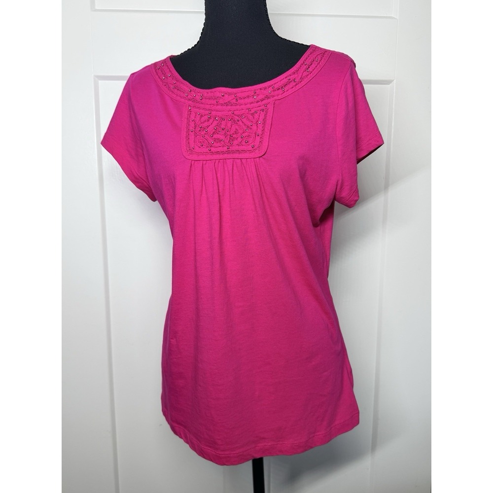 Chaps Womens Medium Pink Embellished Short Sleeve Cotton Knit Top Casual Tee